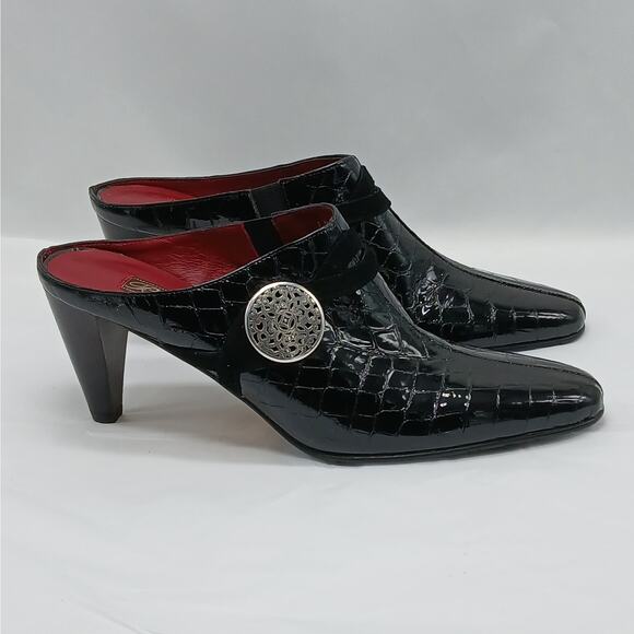 Brighton Shoes - Brighton Women's High Heel Pumps Shoes Size 9N Black Croc Embossed Leather Mules